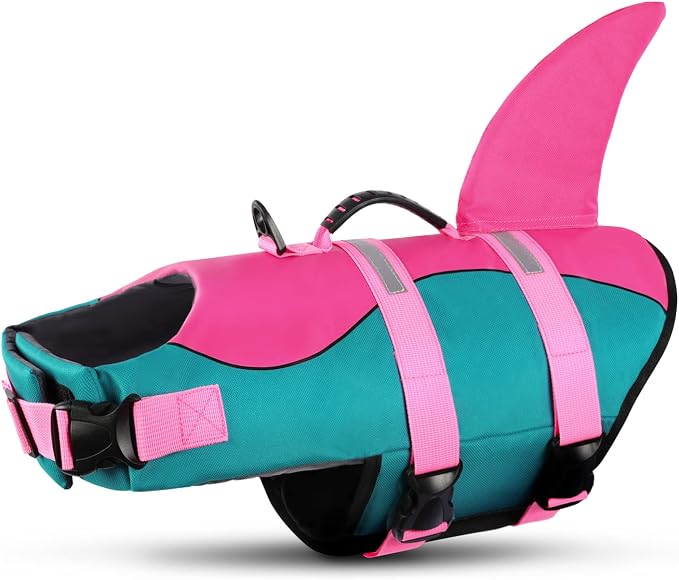 Shark Dog Life Jacket - Adjustable Reflective Pet Life Preserver With Rescue Handle - Green XL