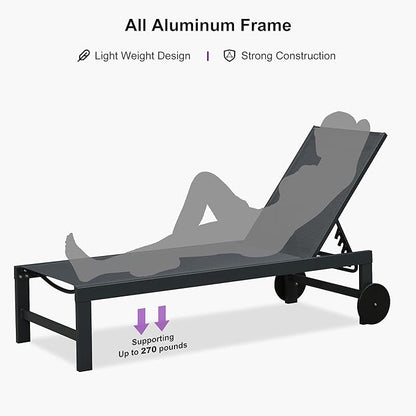 PURPLE LEAF Patio Lounge Chair Set for 2 Outdoor Chaise Lounge with Adjustable Backrests and Wheels Aluminum Reclining Pool Chair for Outside Yard Poolside Table Included, Dark Grey