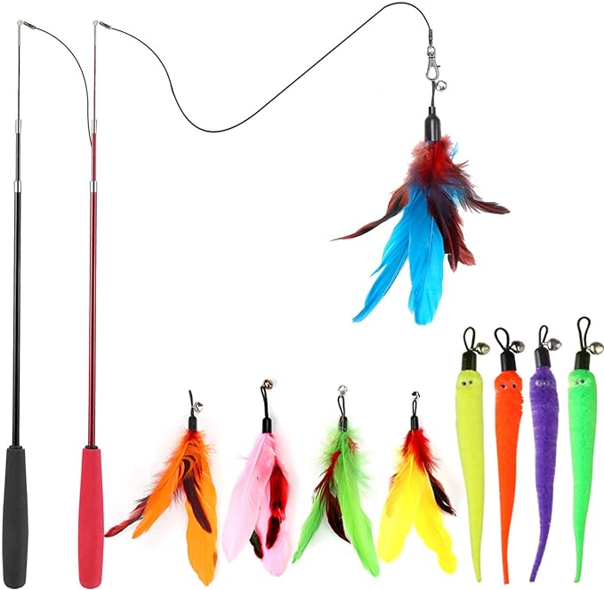 Cat Feather Toy, Retractable Cat Toys Wand 2 Wands & 9 Assorted Teaser Refills, Interactive Feather Teaser Wand Toy Bell Kitten Cat Having Fun Exerciser Playing