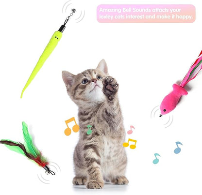 Retractable Cat Toy Wand, 12 Packs Interactive Cat Feather Toys, 9 Assorted Teaser Refills with Bell for Kitten (Pink)