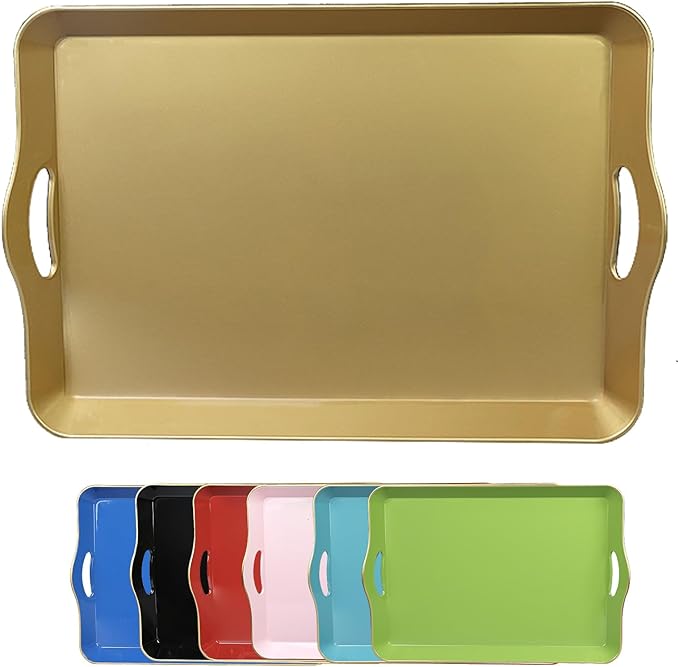 Gold Decorative Tray for Coffee Table with Handles, Plastic Rectangular Serving Tray for Living Room, Bathroom, Outdoors, 11.8"*17.3"