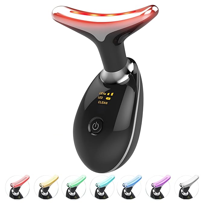 Red Light Therapy for Face and Neck, 7 Color Light Based Face Massager Tool, Portable Skin Care Tool for Firming, Tightening and Lifting (Glossy Black)