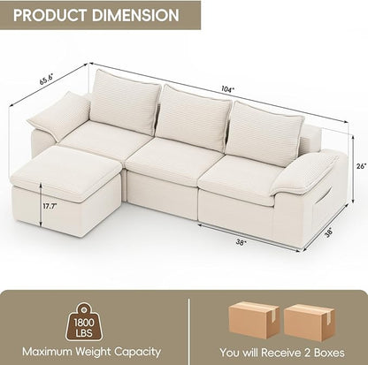 Buytime 104" Comfy Cloud Couch, Convertible Boneless Couches for Living Room, L Shaped Modular Sectional Sofa with Deep Seat, Double-Layer Cloud Cushion and Headrest, Cream Beige