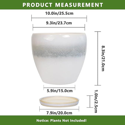 Ceramic Planter - 10 Inch Plant Pot with Drainage Hole and Plant Saucer, Round Decorative Large Flower Pots Indoor Outdoor, Home Patio Porch Room Decor, Birthday Gifts, White-Grey