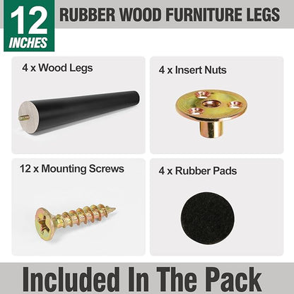 FoDau770 Black Rubber Wood Furniture Legs 12 Inches, Straight Tapered Wood Feet Mid Century Sofa Legs Set of 4, 5/16" UNC Furniture Feet for Cabinet Couch Dresser Chair Ottoman Table