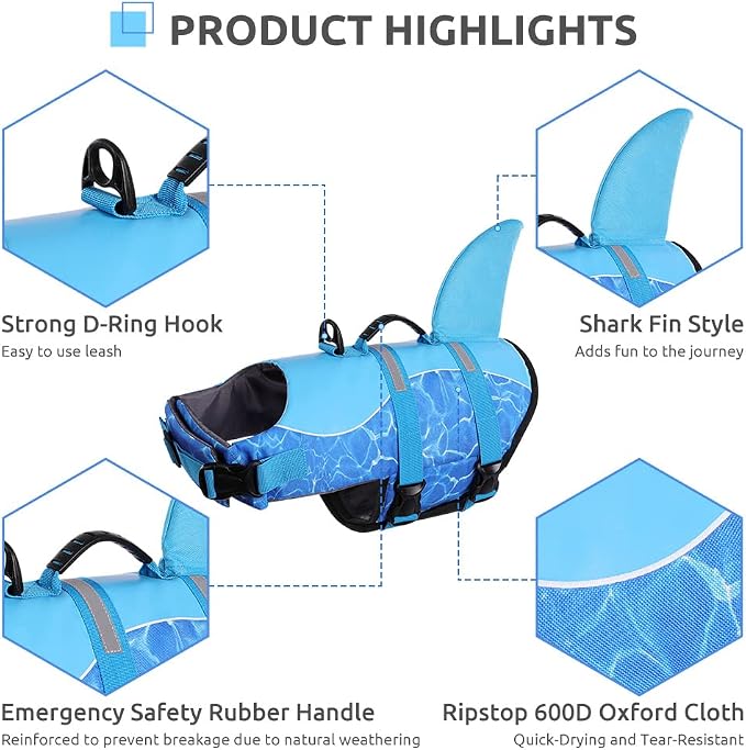 Shark Dog Life Jacket, High Buoyancy Swimming Vest, Adjustable Easy-On Dog Life Jackets for Dogs (Blue, XS)