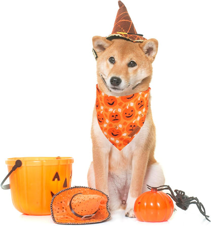 PTDECOR Halloween Dog Bandana, Reversible Holiday Pet Scarf, Multi Size, Triangle Puppy Halloween Bandanas for Medium Large Dogs Pets (Black & Orange, Large)