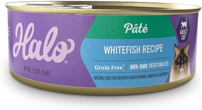 Halo Wet Cat Food Whitefish Recipe, Grain Free Wet Cat Pate, Canned Cat Food for Extra Hydration, 5.5 Oz Can (Pack of 12)