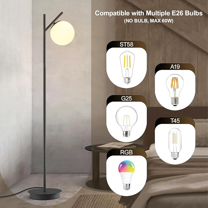 Modern Floor Lamp for Living Room Retro Vintage Tall Standing Lamp Mid Century Black Freestanding Lamp Contemporary Glass Floor Lamps for Bedroom Office Hotel