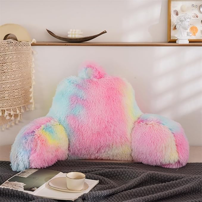 Aimuan Reading Pillow Bed Rest Pillow with Arms Rabbit Fur Cushion for Adults Teens Incline Rest Sitting up & Sleeping Snoring Pillow with Pregnancy Lumbar Back Support (Standard, Light-Pink)
