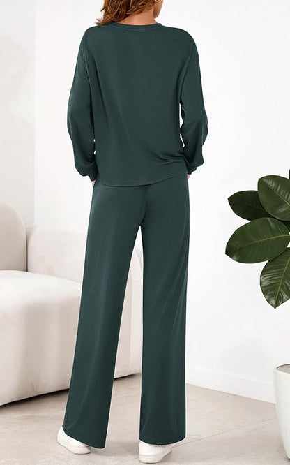 PRETTYGARDEN Womens 2 Pieces Lounge Sets Crewneck Long Sleeve Wide Leg Drawstring Pants Tracksuits Loose Fit Outfits Set