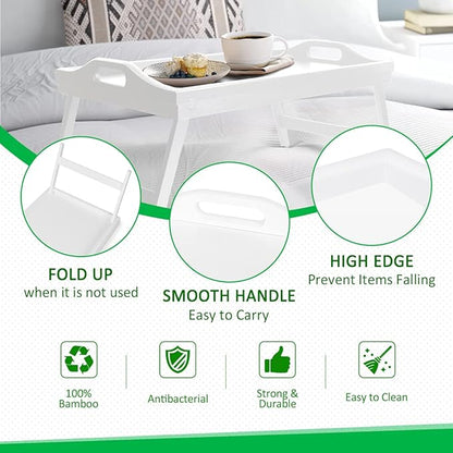Breakfast Tray Table with Folding Legs Serving Tray Bamboo Dinner Trays for Platter Laptop Desk Bed Table Kitchen Serving Tray Snack Trays Large Size (White Large)