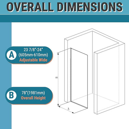 Sunrosa 24"×76" Shower Glass Panel, 8mm Thick Shower Screen, Brushed Nickel