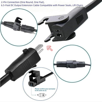 6.5 Feet 2-Pin Cable Extension Cord Replacement Power Supply Cable for Lift Chair or Power Recliner, for Okin Limoss Lazy boy Pride Catnapper Lift Chair or Power Recliner