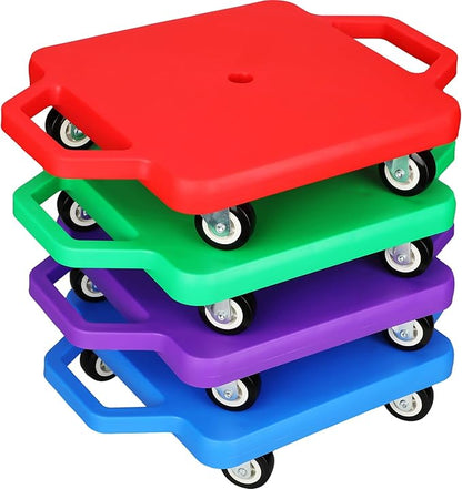 Jerify 4 Pieces Sports Scooter Board with Handles Plastic Casters Floor Sitting Scooter Boards for Kids Children Gym Indoor Outdoor Activities Play Equipment, 11.22 x 11.22 inch