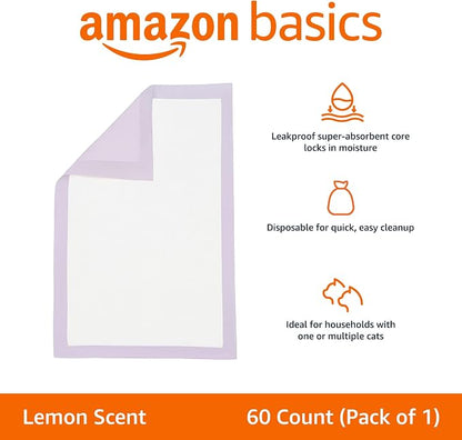 Amazon Basics Cat Pee Pads, Odor Control, Super Absorbent, Disposable, Universal Fit for Litter Box, Lemon Scent, White/Purple, 60 Count