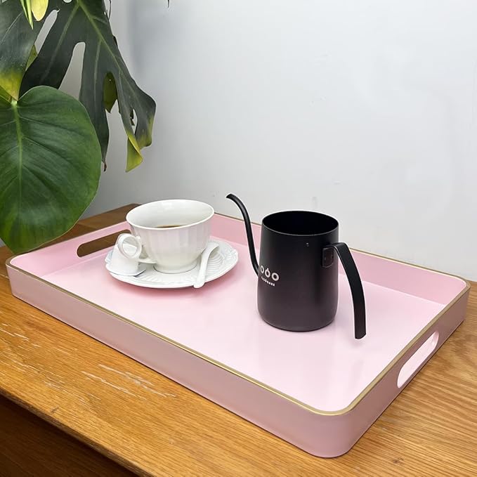 Pink Coffee Table Tray, Decorative Serving Tray with Handles, Plastic Rectangular Tray for Ottoman, Bathroom, Living Room. 15.7"*10.2"