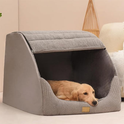 Large Dog House Indoor, Soft Plush Dog Cave Bed Covered Dogs Bed with Fluffy Washable Cushion, Portable Dog/Cat Pet Tent House for Small Medium Dogs (Grey, Large)