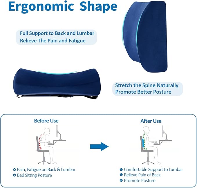 SAIREIDER Office Chair Lumbar Pillow, Memory Foam Back Support Pillows for Car、Gaming Chair、 Home Chair, Fatigue Relief Correct Posture, Double Adjustable Straps(Navy Blue)
