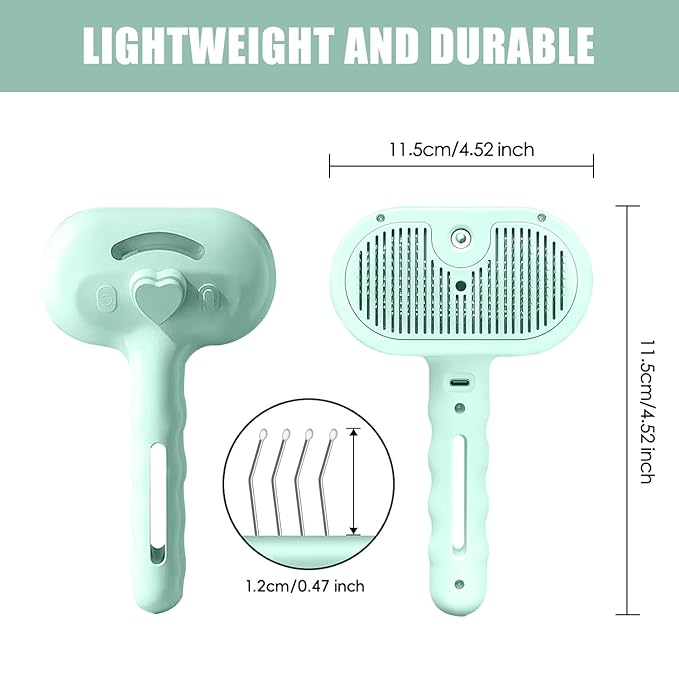 3-in-1 Pet Steam Brush, Grooming Comb with Water Tank for Cats and Dogs, Long and Short Hair (Green)