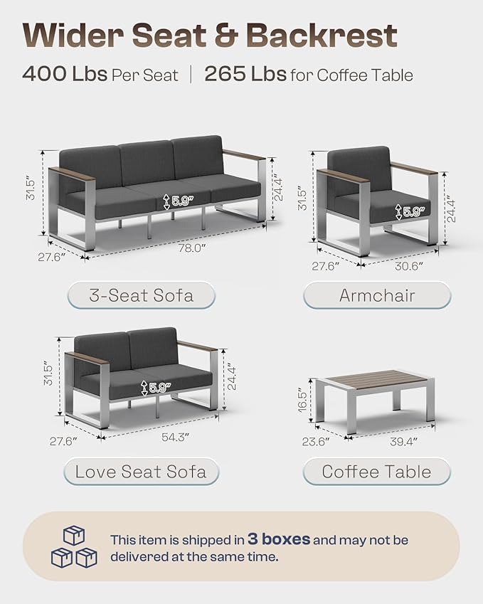 ComfCove 2 Pieces Outdoor Aluminum Armchair, Modern Patio Patio Furniture with Wide Seat and Thick Cushions, All-Weather Oversized Couch for Deck, Porch