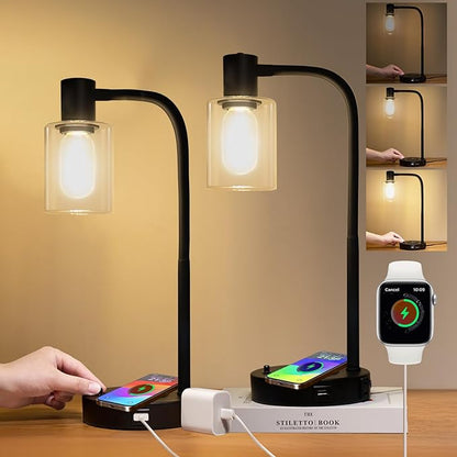 Industrial Table Lamp with Wireless Charing, Fully Stepless Dimmable Lamps Nightstand Lamps, Desk Lamp with Glass Shade Reading Lamp for Office Living Room (Black 02)