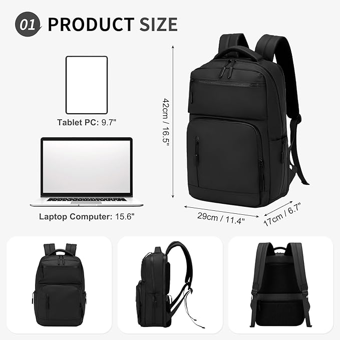 Waterproof Laptop Backpack for Men & Women, Flight Approved Anti-Theft Daypack with 15.6-inch Laptop Sleeve (Black)