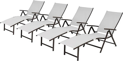 VredHom 4PCS Patio Chaise Lounge Outdoor Adjustable Folding Lounge Chair Recliner with 8 Adjustable Backrest Positions for Pool Beach Yard, Light Grey Textliene & Brown Aluminum Frame