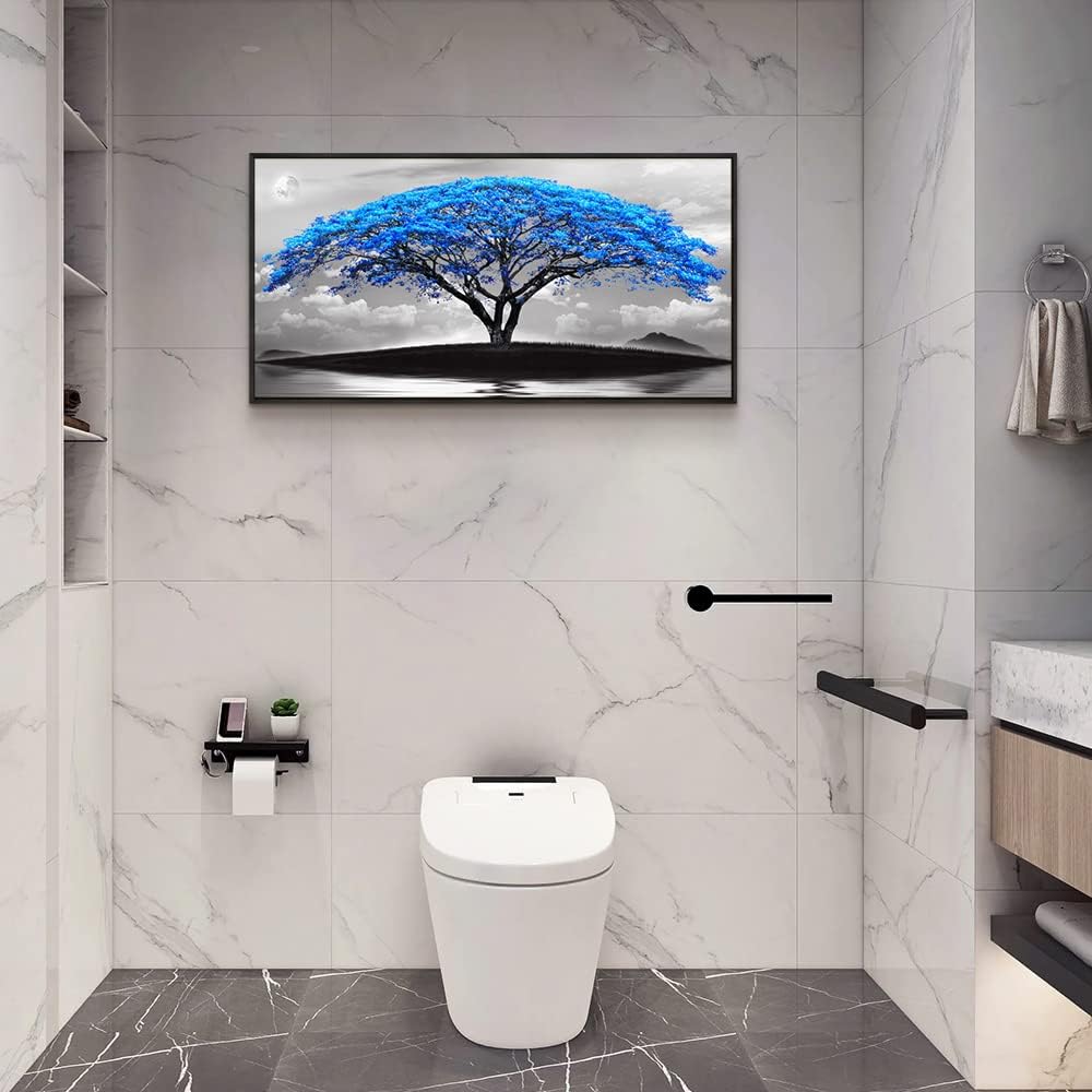 Framed Canvas Wall Art For Office Large Size Living Room Wall Decor Bedroom Decor Wall Pictures Artwork Black And White Landscape Blue Tree Moon Wall Painting Home Decorations Black Frame 24" X 48"