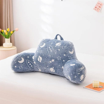 Holawakaka Glow in The Dark Reading Pillow for Sitting up in Bed Sofa Kids Teens, Space Rocket Moon Stars Backrest Pillow with Arms for Boys Girls, Back Support Cushion for Couch Nursery Playroom