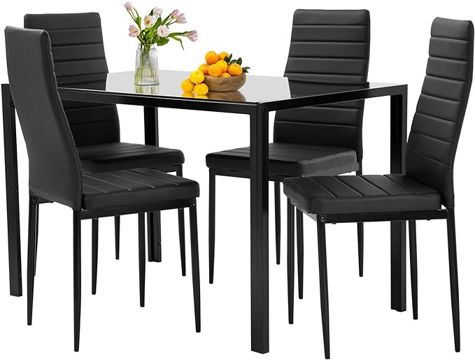 FDW | 5-Piece Dining Table Set | Black | Glass Kitchen Table with 4 Upholstered Chairs and Faux Leather Cushions | Space-Saving and Modern Design | for Dining Room, Easy to Assemble