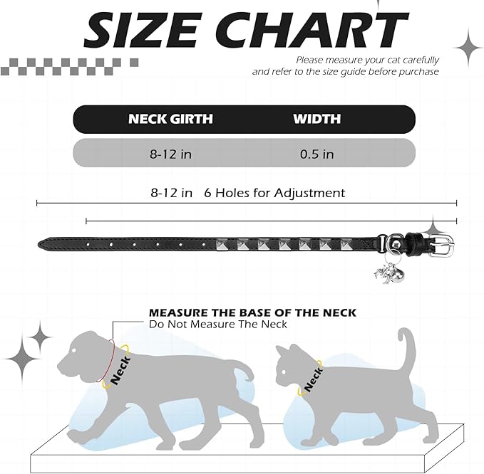 EXPAWLORER Halloween Leather Cat Collar - Adjustable Pet Collar with Rivet Spike for Girl Boy Cats, Punk Accessories with Bell & Durable D-Ring,Silver Square Nails