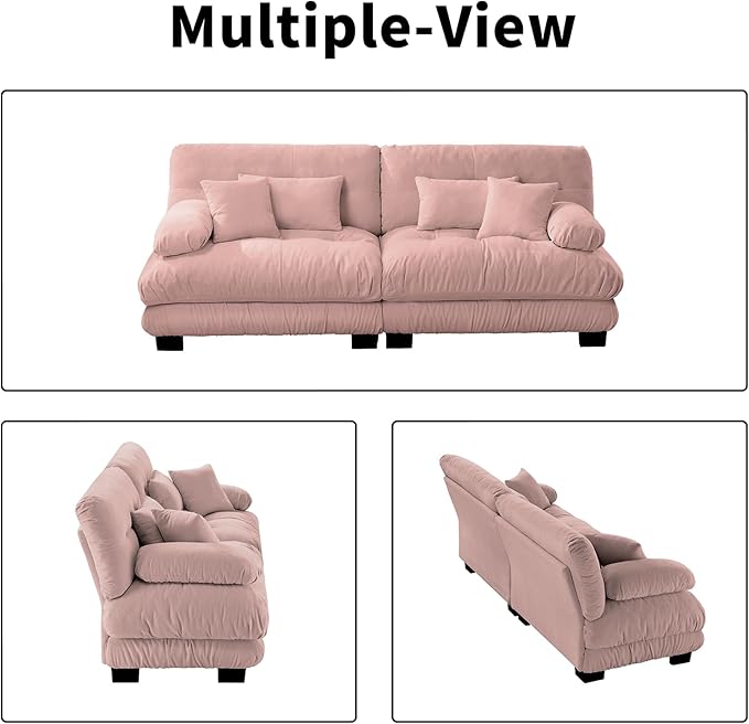 94.4” Loveseat Sofa, 2 Seater Modular Sectional Sofa, Pink Large Sectional Fluffy Couch Set, Chenille Cloud Couch with 4 Pillows, Deep Seat Sofas for Living Room