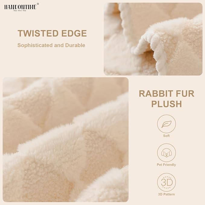 HANDONTIME Non-Slip Pet Couch Cover Washable, Plush Faux Fur Couch Protector for Cushion Pet-Friendly Sofa Covers for Dogs, Checkered Diamond Sectional Covers Dog Mat for Sofa (Khaki, 35.6" x 94.5")