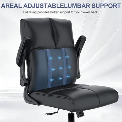 Ergonomic Home Office Chair with Space Saving Flip-Up Arms, 360° Swivel & Reclining Back, High-Back Executive Chair in Soft Faux Leather Chair Multi-Angle from 90° to 135° with 450LBS Capacity（Black）