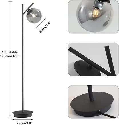 Mid Century Floor Lamp for Living Room Moderm Tall Standing Lamp with Frosted Glass Globe Shades Contemporary Brass Freestanding Lamp for Office Bedroom (Black-Smoky Gray)