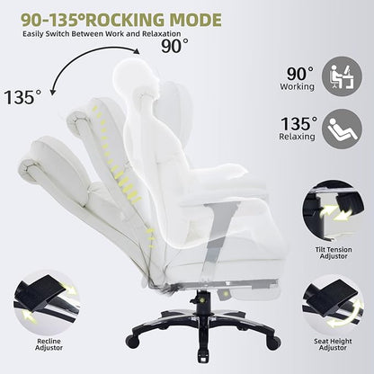 Efomao White Big and Tall Office Chair with Footrest – Ergonomic High-Back Computer Chair with Adjustable Armrests, Wide Seat – Modern Home Office, Gaming & Study Chair for Young Professionals