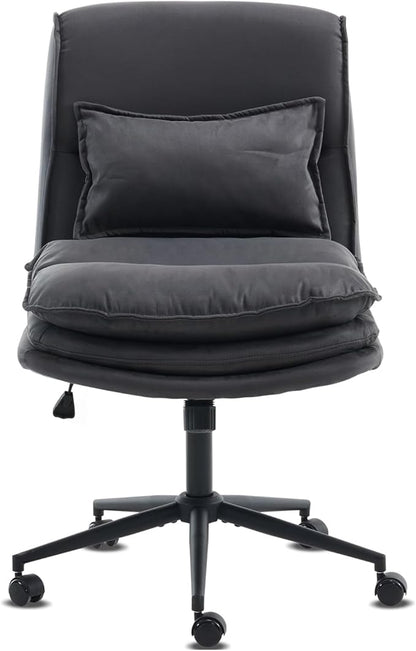 VINGLI Cloud Criss Cross Legged Chair,18" High Back Armless Home Office Desk Chair with Wheels,Wide Adjustable Comfy Padded Seat Task Computer Chair,Modern Swivel Makeup Vanity Chair,Microfiber,Grey