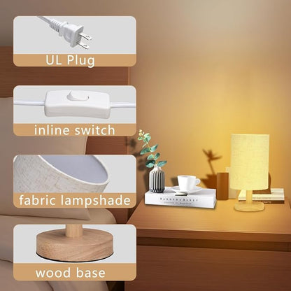 Small Table Lamp for Bedroom - Bedside Lamps for Night Stands, Minimalist Nightstand Light Lamp, Desk Lamps for Living Room, Office, Dorm(Wood Base, 10" Inline Control)