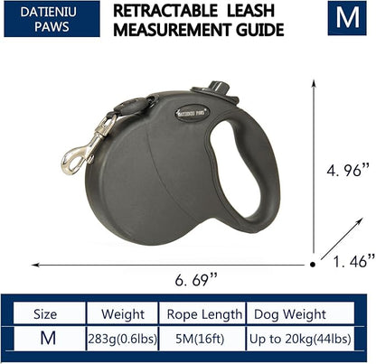 Retractable Dog Leash Hands-Free Adjustable Length 16ft with Safety Lock Durable Nylon Belt for Small Medium Large Dogs Easy Walk Training Portable Dog Leash Black M