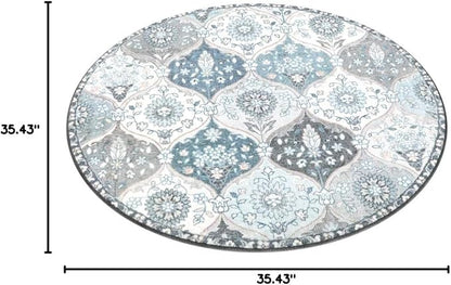 Lahome Moroccan Trellis Round Area Rugs, Washable Small Round Rug 3ft Non-Slip, Soft Vintage Ultra-Thin Circle Carpet for Bedroom Entryway Kitchen Laundry Bathroom, Blue
