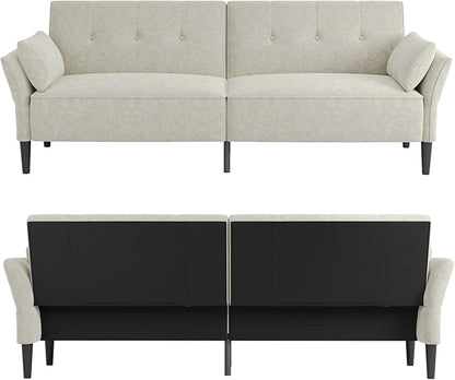 89” Futon Sofa Bed, Comfy Futon Couch Bed with 2 Square Pillows,Convertible Sleeper Sofa with Adjustable Backrest& Armrests, Modern Loveseat Sleeper for Living Room,Velvet Fabric White