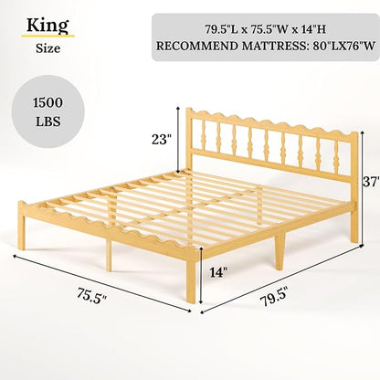 Bamboo King Bed Frame with Headboard, 14 inch Solid Wood Platform Bed Frames King Size with Metal Slats, No Box Spring Needed, Easy Assembly, Noise Free