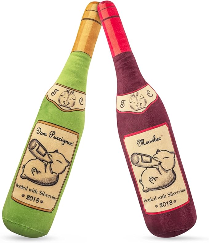 KittiLush 2-Pack Organic Silvervine Catnip Substitute Toys for Cats & Kittens | 100% All-Natural Wild Harvested Silvervine | 2 Refillable Wine Bottle Kicker Cat Toys
