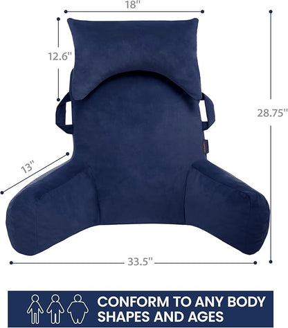 Unisakey Portable Reading Pillows with Headrest for Bed Sitting Up(Royal Blue Oeko-Tex), Velvet Back Pillow with Arms & Pockets for Adults, Support Memory Foam Bed Pillow for Dorm/Watching/Gaming