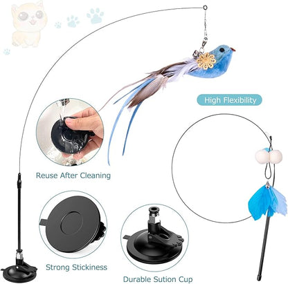 Cat Toys Wand, Interactive Cat Toy with Super Suction Cup Sticky Detachable 12 PCS Feather Replacements 2 Wands Cat Spring Feather Toys for Indoor Cats Kitten Toys (4 Birds Replacements)