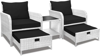 LEVELEVE Balcony Furniture 5 Piece Patio Conversation Set, PE Wicker Rattan Outdoor Lounge Chairs with Soft Cushions 2 Ottoman&Glass Table for Porch