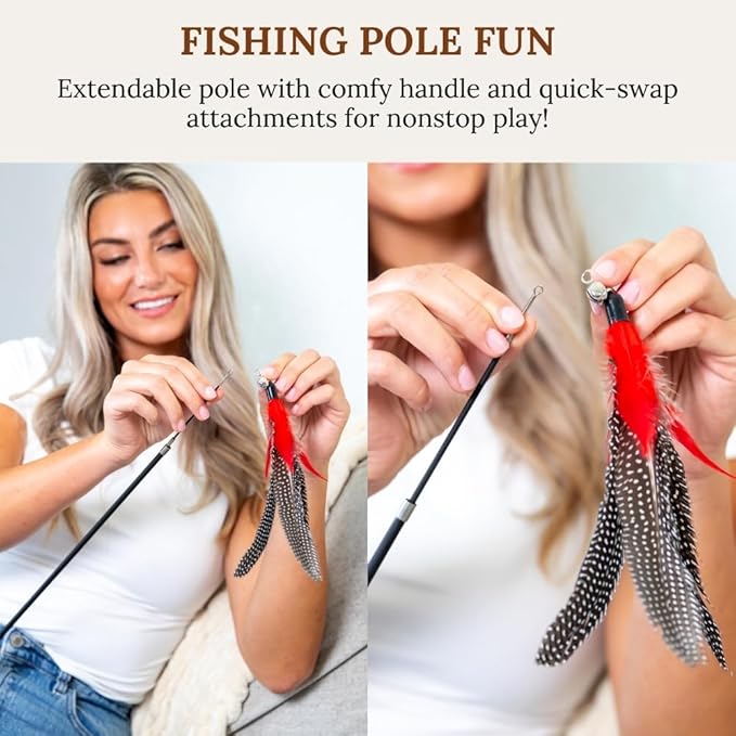 Cat Toys Set Cat Fishing Pole Retractable Wand Suction Cup & Hanging Teaser Wand for Indoor Cats & Kittens Feather Attachments Ribbon