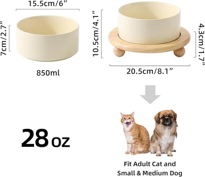 Ceramic Elevated Dog Food and Water Bowl, Kitty Bowl, Raised Dog Dish, Pet Feeder (6inch, 1 x Beige + Stand)