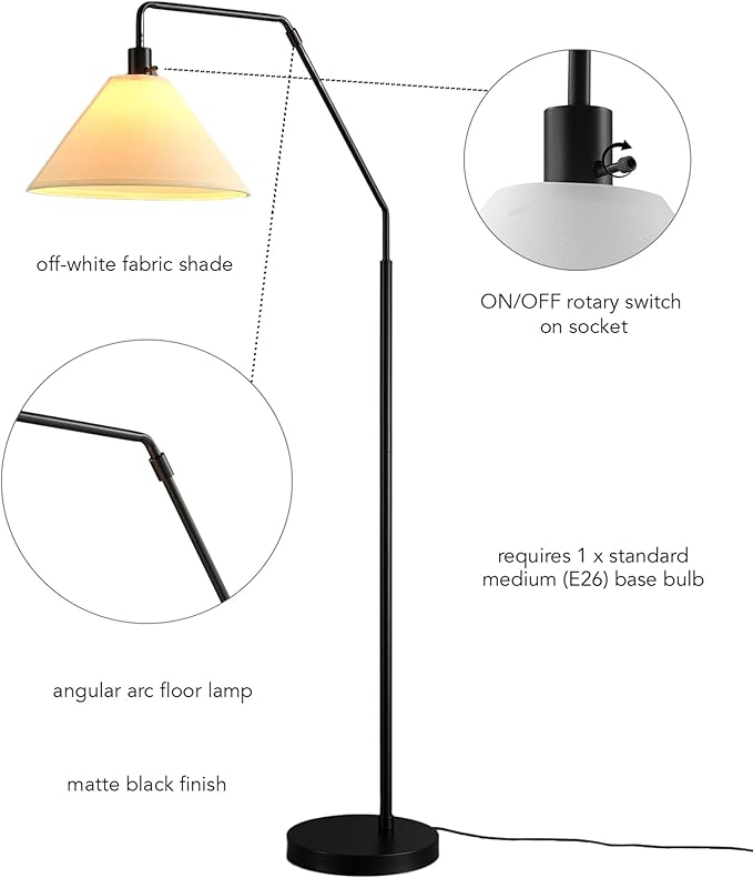 GLOBE Electric 61000171 65" Floor Lamp, Matte Black, Off-White Tapered Fabric Shade, On/Off Rotary Switch on Socket, 5-Foot Black Cord, 1-Light, 100W E26/Medium Base Bulb